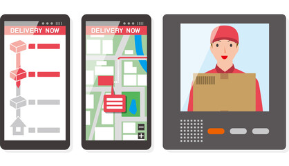 宅配業者.　荷物を届ける宅配員と宅配状況を知らせるスマホ