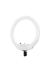 Closeup of circular neon LED lamp isolated white background. Popular modern light for make-up and beauty portraits.