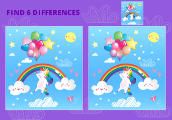 Cute rainbow unicorn flying with balloons. Find 6 differences. Educational game for children. Cartoon vector illustration