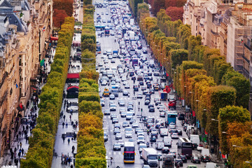 Close-up of busy avenue of Champs-Elysees view from above in Paris towards downtown