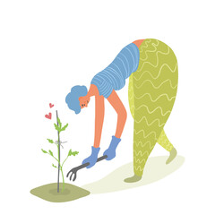 A woman farmer takes care of the plant, removes weeds. The girl farming, bent over the ground with a gardening fork. A gardener weeding with a hand rake. Vector cartoon illustration. 