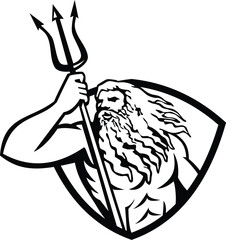 Neptune or Poseidon With Trident Looking to Side Shield Retro Black and White © Redwater Vectors