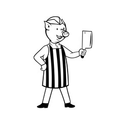 Pig Butcher Holding A Meat Cleaver Knife Cartoon Black and White