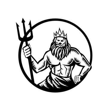 Poseidon Holding Trident Circle Woodcut Black and White