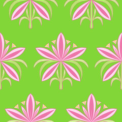 Seamless colored green pattern or background of pink flowers of orchids or lilies.