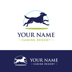 simple logo with running dog in green grass. canine resort, training, boarding, pet business symbol - 354859078