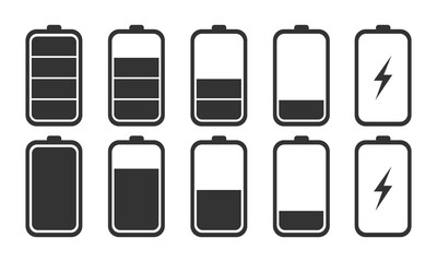 Gray battery charge icon of different design isolated on white background. Vector.