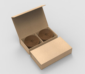Blank Agar wood Incense coil Paper Box Packaging For Branding and mock up, 3d render illustration.