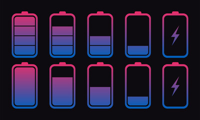 Gradient battery charge icon of different design isolated on dark blue background. Vector.