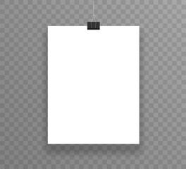 Realistic sheets of paper hanging on paper clips on a transparent background. Vector.