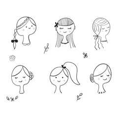 Black and white set of silhouettes of cute female faces vector. Smiling faces of women.girl illustration.