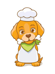 Funny cartoon puppy dog with bone and chef hat and costume. Golden retriever with bandana and accessories