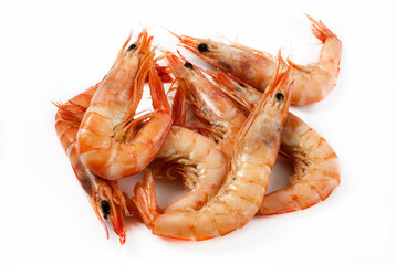 Cooked prawns on white background