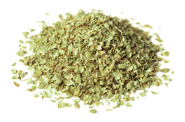 heap of dried oregano flakes isolated on white background