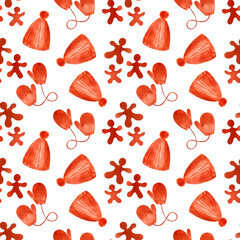 Watercolor seamless pattern with winter sweaters, hats and mittens. Christmas clothing