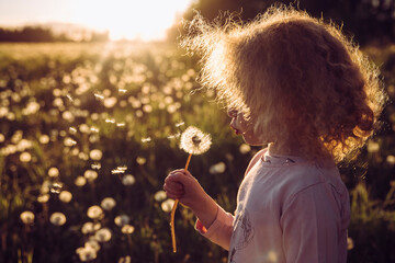 Selective focus cute blonde curly hair girl blowing blossomed dandelion flower head, seedlings fly...