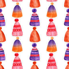 Watercolor seamless pattern with winter sweaters, hats and mittens. Christmas clothing