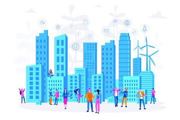 Concept Smart city for web page, banner, presentation, social media. Intelligent building isometric vector, Smart building, building on smartphone, system of intelligent, Big Data, Analytics