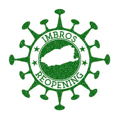 Imbros reopening stamp. Green round badge of island with map of Imbros. Island opening after lockdown. Vector illustration.