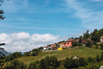 Fototapeta na wymiar Sunny day in a typical asturian town on the side of a hill in a sunny day