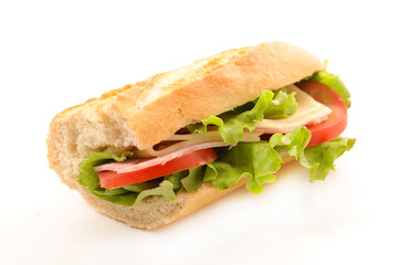 sandwich, baguette with ham, cheese and tomato isolated on white background