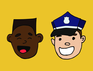 Policeman and boy are laugh.