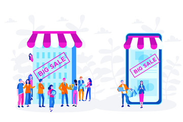 Shopping VS mobile shopping. Big queue Outside a Mall Having a Sale, Hot Summer Big Sale. vector illustration for web, print, social media, presentation. e-commerce, marketing. online offline store.