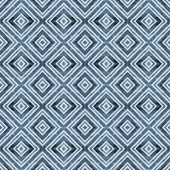 Watercolor geometric rhombus squares seamless pattern. Indigo blue stripes on white background