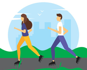 Young couple rollerblading in the Park. illustration in flat style. 