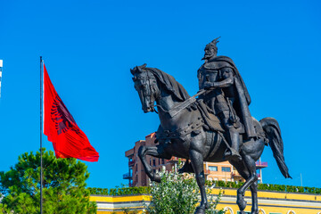 View of Skanderbeg statue at Tirana, Albania