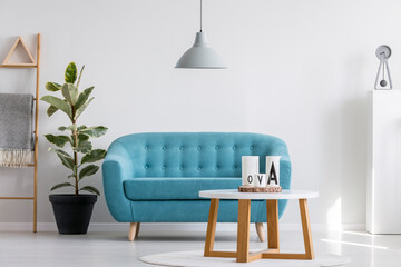 Grey lamp above white wooden coffee table next to blue elegant couch in bright living room interior with plant in black pot and scandinavian ladder