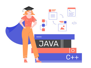 The girl is a graduate of programmer courses, university, college. Character in an academic cap next to a stack of books. Training on the developer of programs and mobile applications. Vector flat.