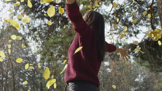 Beautiful happy young female throws bunch of yellow leaves up in the air and stands under their falling with arms spreaded. Low angle 4K 360 degree tracking arc shot.