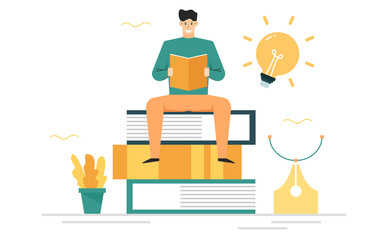 Man sitting and reading a book on the pile of books,Education for brain development,Skill building,Banner background of landing page website
