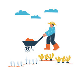 Vector illustration on the theme of the autumn season. A guy is a farmer. Care of plants. Village. 