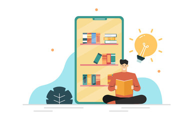 Man sitting reading a movie in front of a mobile phone that opens an application library,Reading books to create idea,Banner background of landing page website