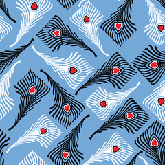 Seamless background of decorative white and black birds feathers