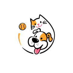 pet sitting logo with cartoon dog and cat playing with ball in line art style. vector