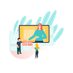 Teacher explains lesson to children online. E-learning, online education concept illustration. Hand drawn flat landing page design.