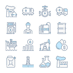 Oil and Gas Industry related blue line colored icons. Gasoline and Fuel Factory icon set.
