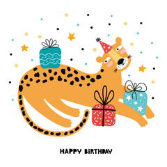 Party leopard hand drawn vector illustration. Happy birthday greeting card or banner with typography. Cute wild cat in a festive hat with gifts. Funny cartoon character of animal. Jungle party.