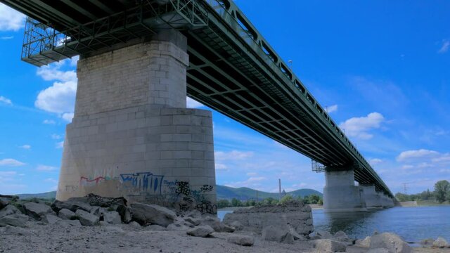 Danube River, railway bridge. Hand held, 4K,  Budapest, Hungary Europe