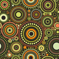 Seamless abstract pattern of blue, orange and green circles and dots on black background.