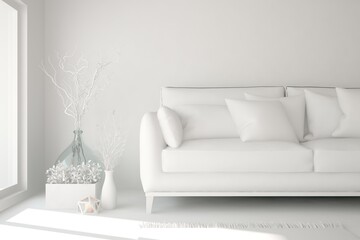 White minimalist living room with sofa. Scandinavian interior design. 3D illustration