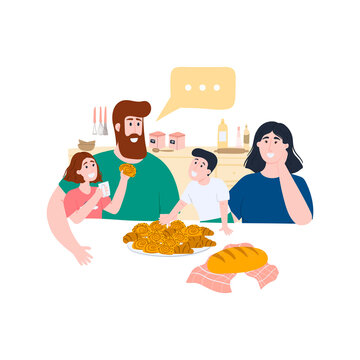 The family eats fresh homemade cinnamon rolls and croissants at the kitchen. Flat cartoon concept illustration. Weekend hobby. Family quality time.