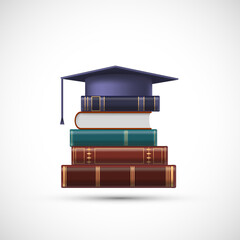 Stack of books with a graduate cap on top.