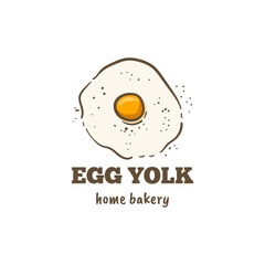 Egg yolk hand drawn cartoon flat logo design. Egg is driven into flour.