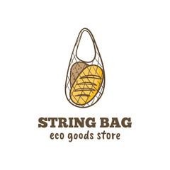 String bag doodle cartoon logo design for eco products store, family bakery shop or farmer's market. Fresh loaf.