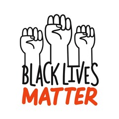 Fototapeta premium Protest vector banner about Human Right of Black People. Black Lives Matter lettering slogan with human hands. Black, red and white typography poster with text and fists