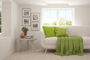 White living room with sofa. Scandinavian interior design. 3D illustration